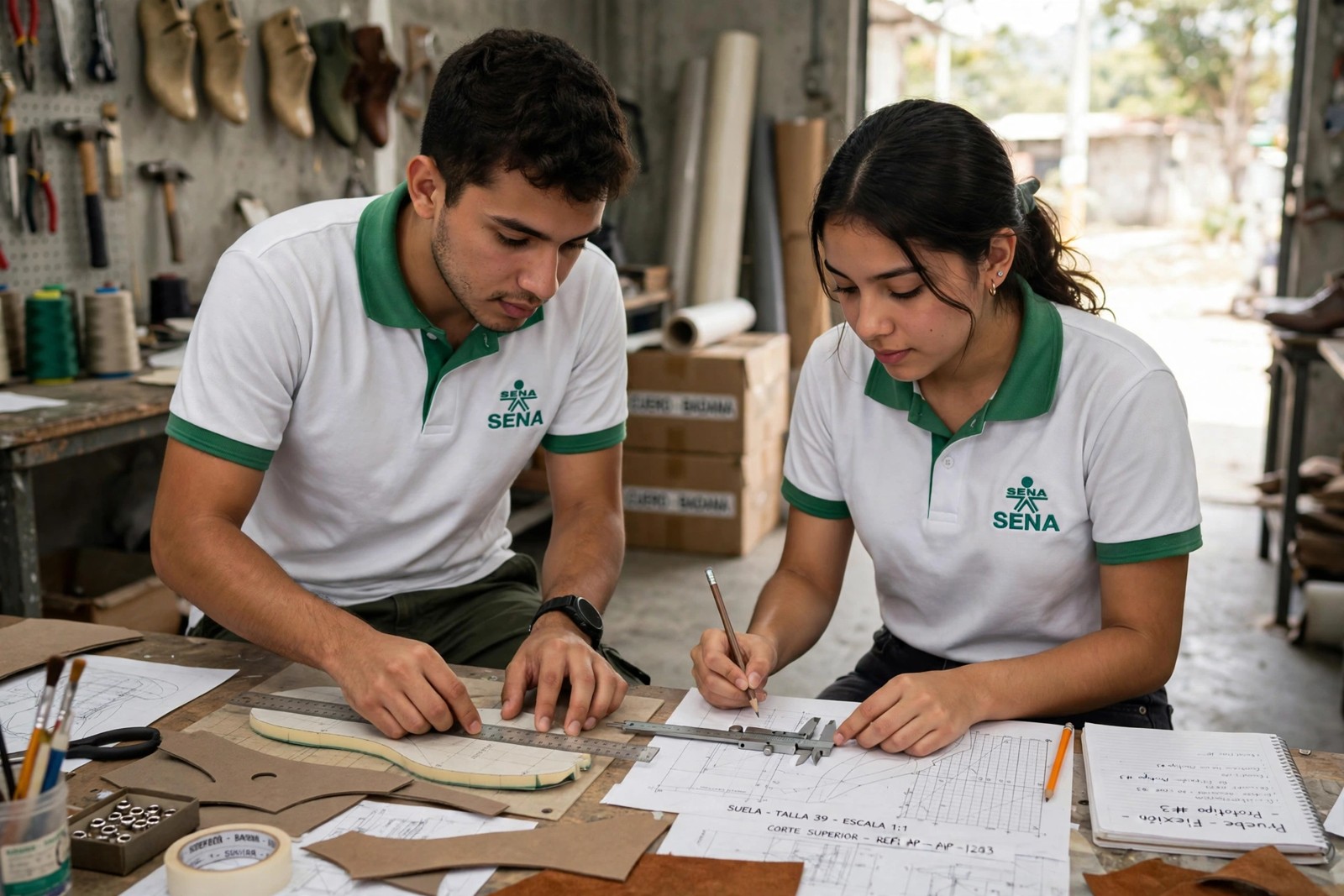 Aprendices SENA escalando patrones y verificando un prototipo de suela contra los planos técnicos