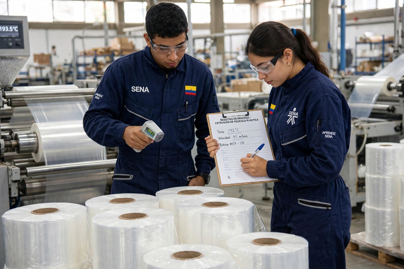 Aprendices SENA inspeccionando rollos de película plástica extruida y registrando temperaturas del proceso