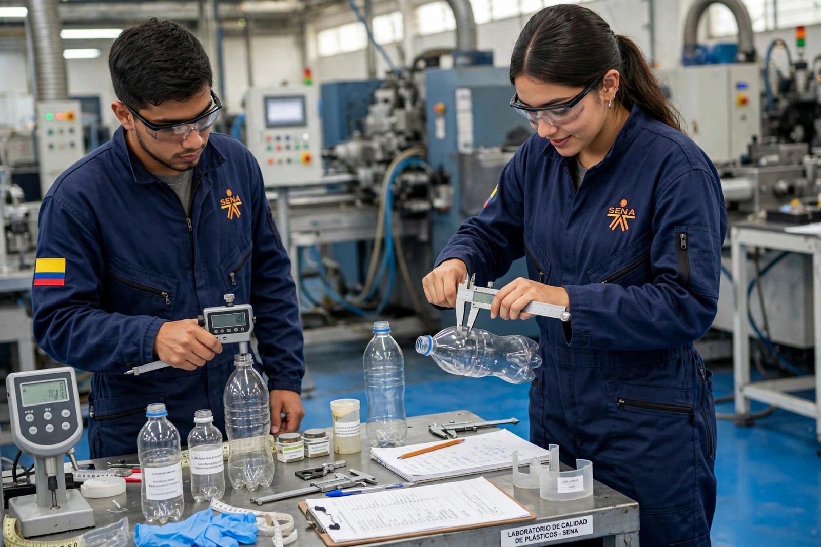 Aprendices SENA midiendo botellas plásticas sopladas y verificando el espesor de pared en el banco de calidad