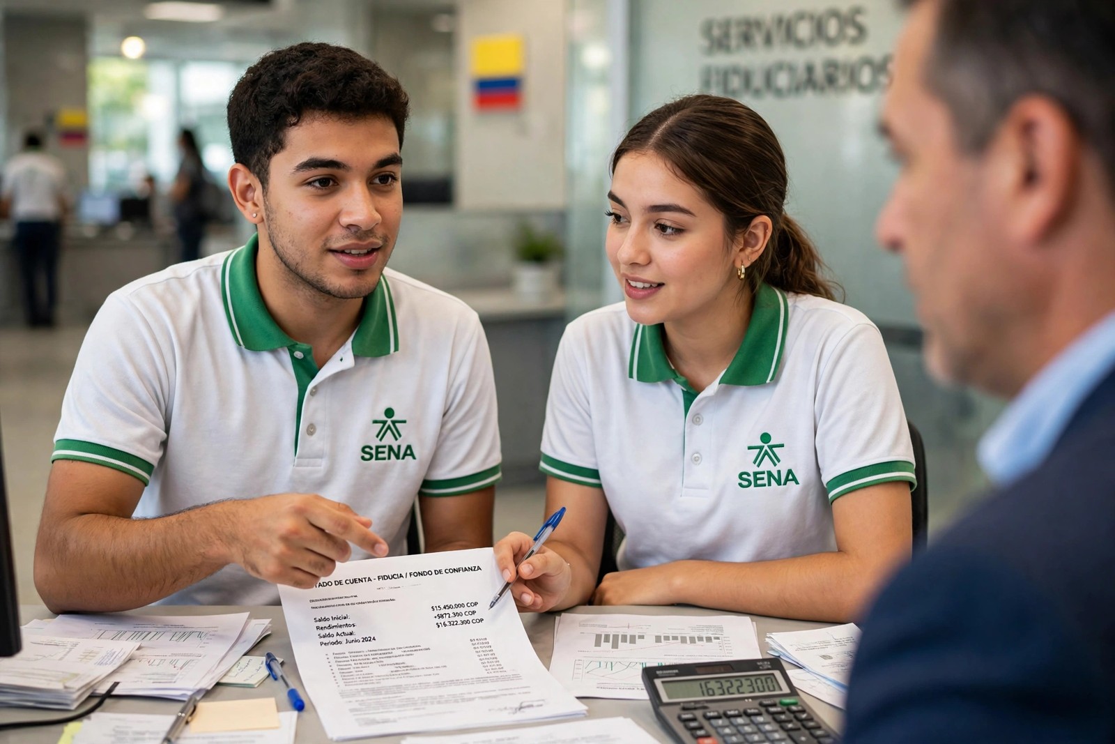 Aprendices SENA explicando el estado de un negocio fiduciario a un cliente con documentos y calculadora