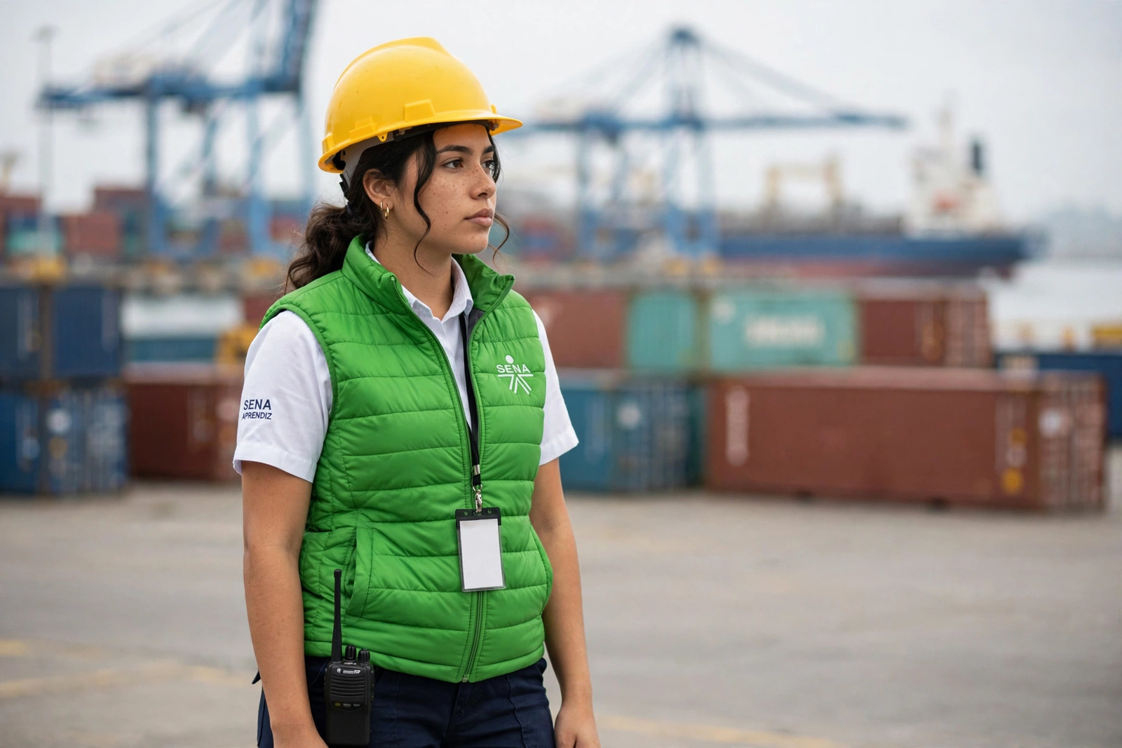 Aprendiz SENA supervisando contenedores en una terminal portuaria