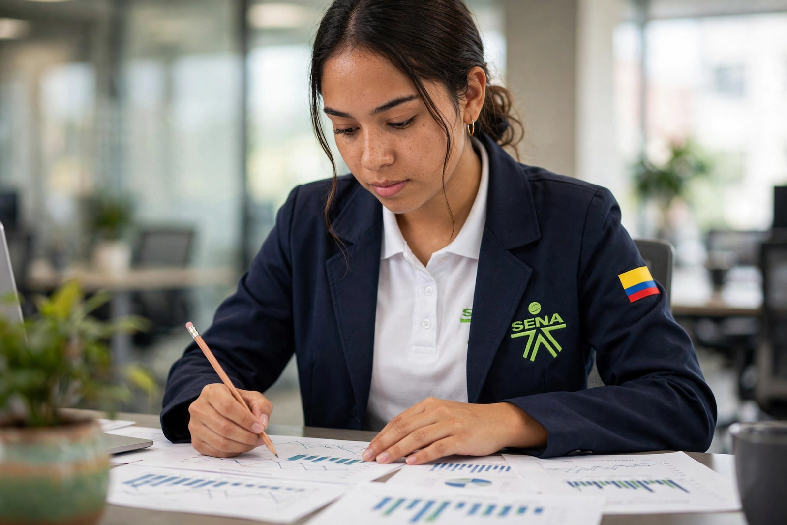 Aprendiz SENA analizando gráficas de tesorería en oficina