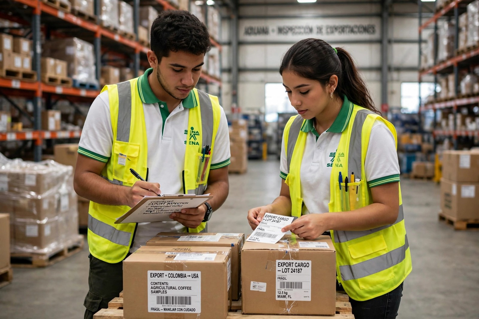 Aprendices SENA verificando cajas de exportación y etiquetas de embarque en la bodega de inspección aduanera