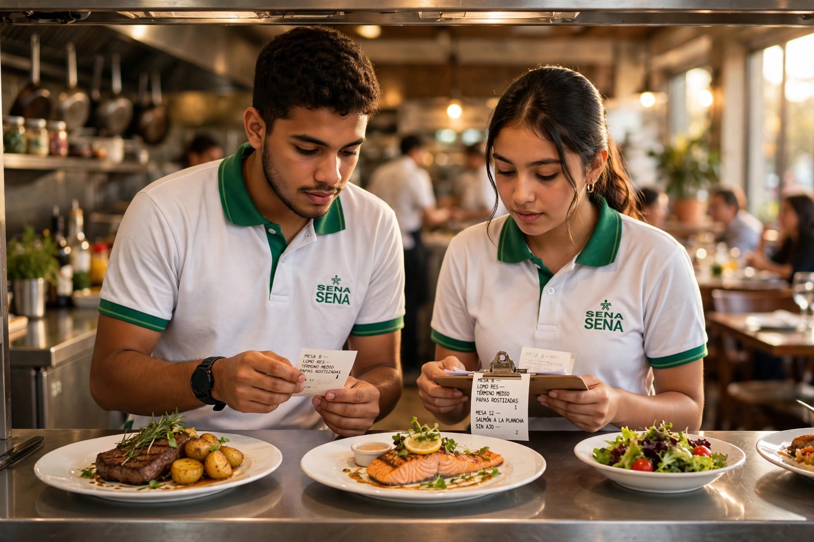 Aprendices SENA verificando los platos y las comandas en el pase de una cocina profesional