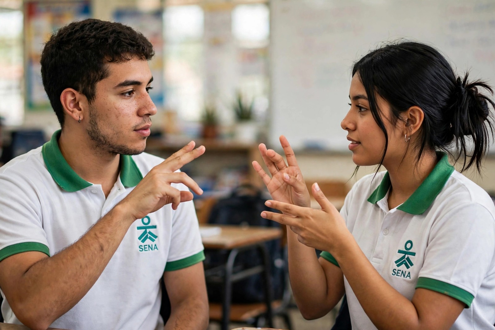Aprendices SENA practicando interpretación en Lengua de Señas Colombiana frente a frente