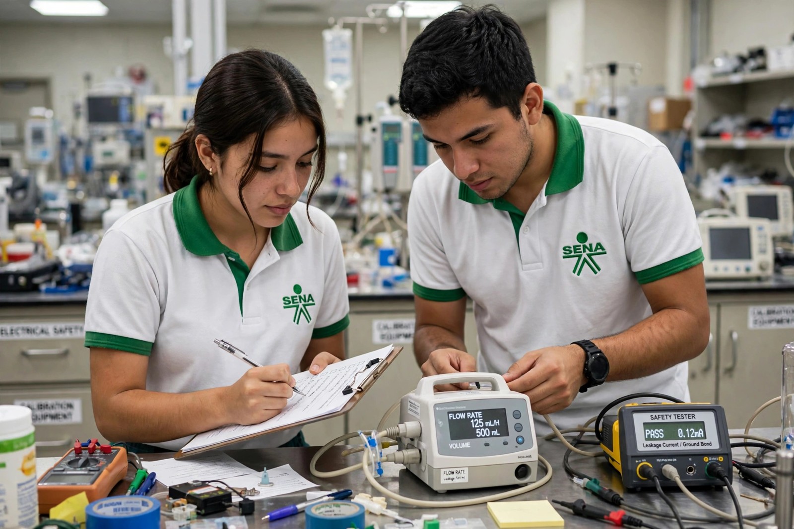 Aprendices SENA calibrando una bomba de infusión y registrando la verificación en un laboratorio clínico