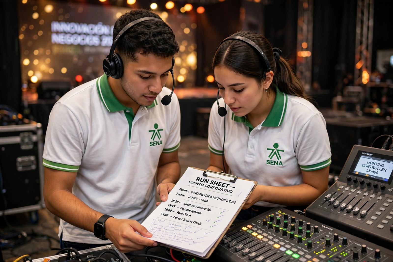Aprendices SENA revisando el guion técnico de un evento junto a la consola de sonido