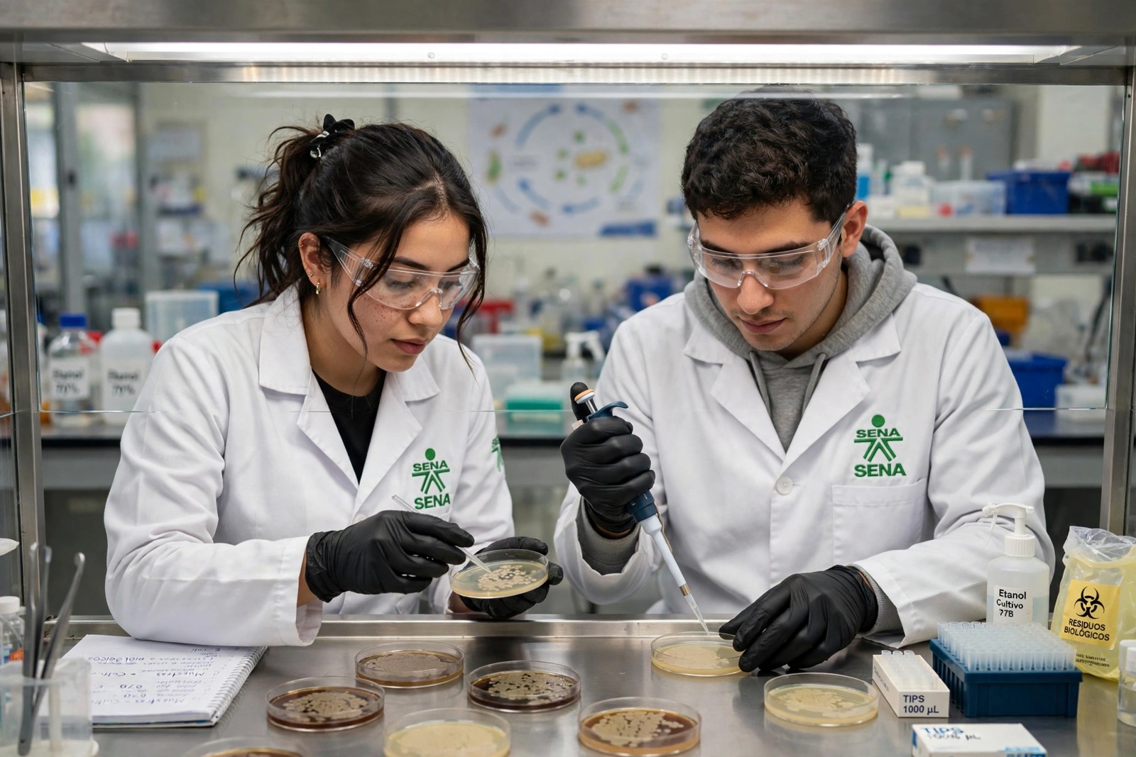 Aprendices SENA examinando placas de cultivo y trabajando con micropipeta en la cabina de flujo laminar