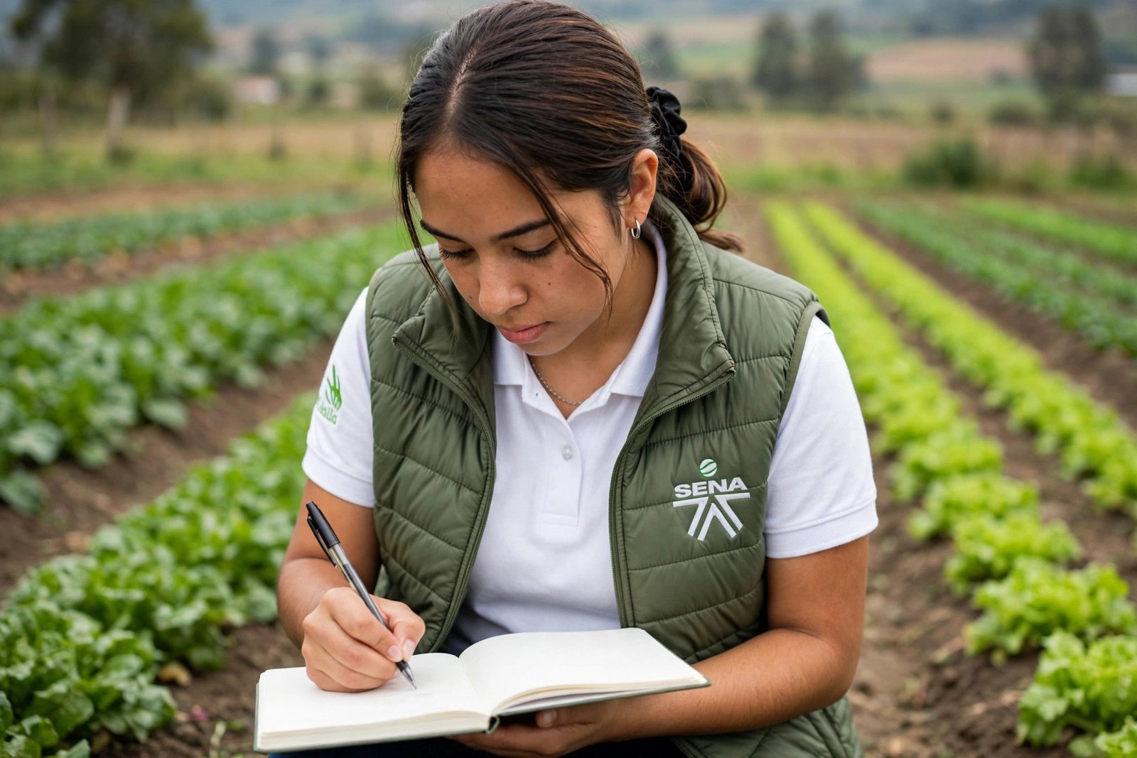Aprendiz SENA registrando el estado de las plántulas en un vivero de producción agrícola