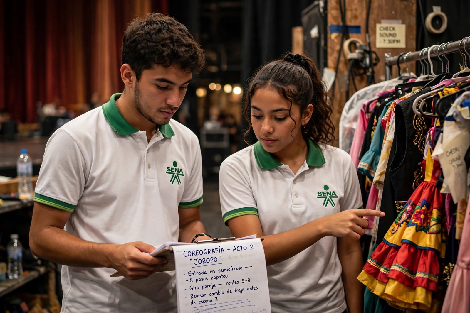 Aprendices SENA revisando las notas de coreografía y el vestuario entre bastidores de un teatro