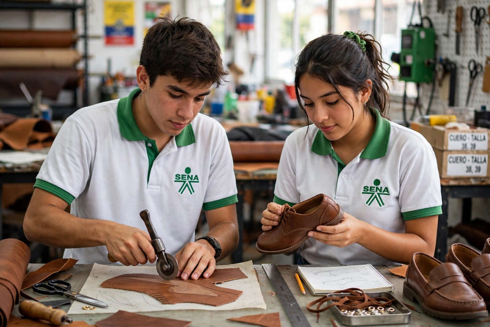 Aprendices SENA cortando patrones de cuero y revisando la calidad de un zapato terminado