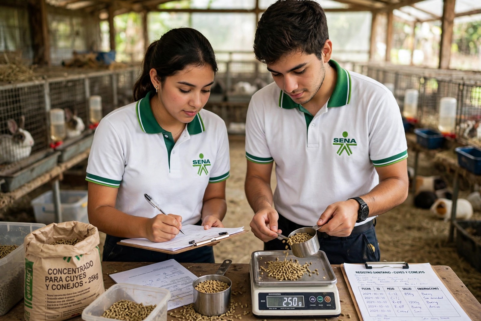 Aprendices SENA pesando el concentrado y registrando la alimentación de conejos y cuyes en una granja