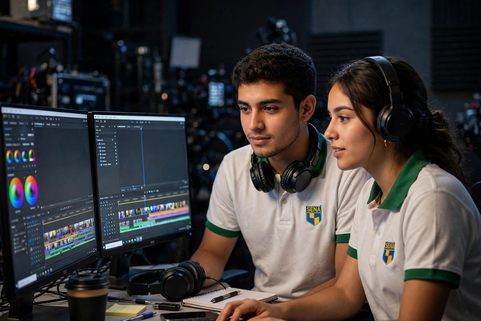 Aprendices SENA editando video en una sala de posproducción con doble monitor