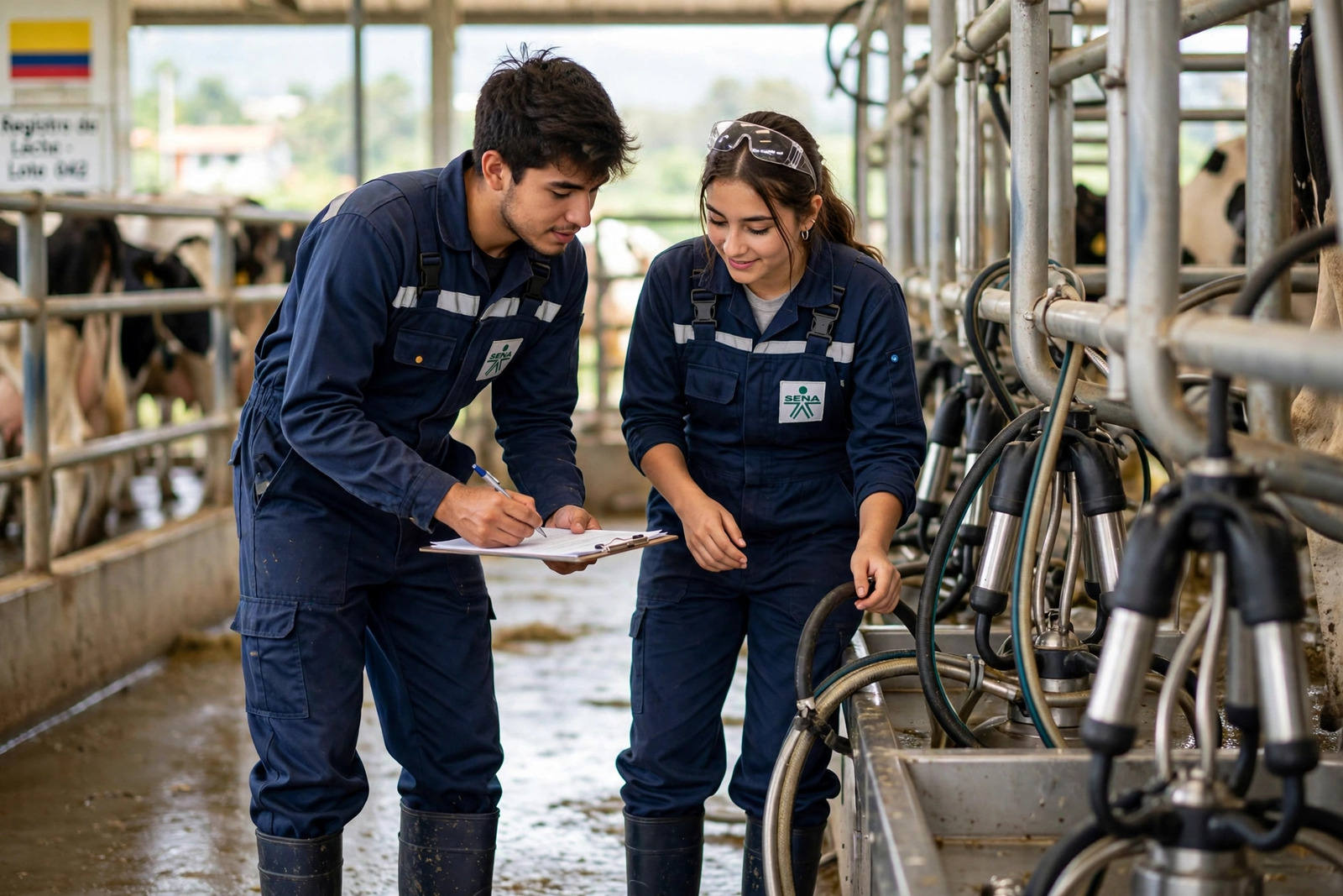 Aprendices SENA inspeccionando el ordeño en una finca lechera