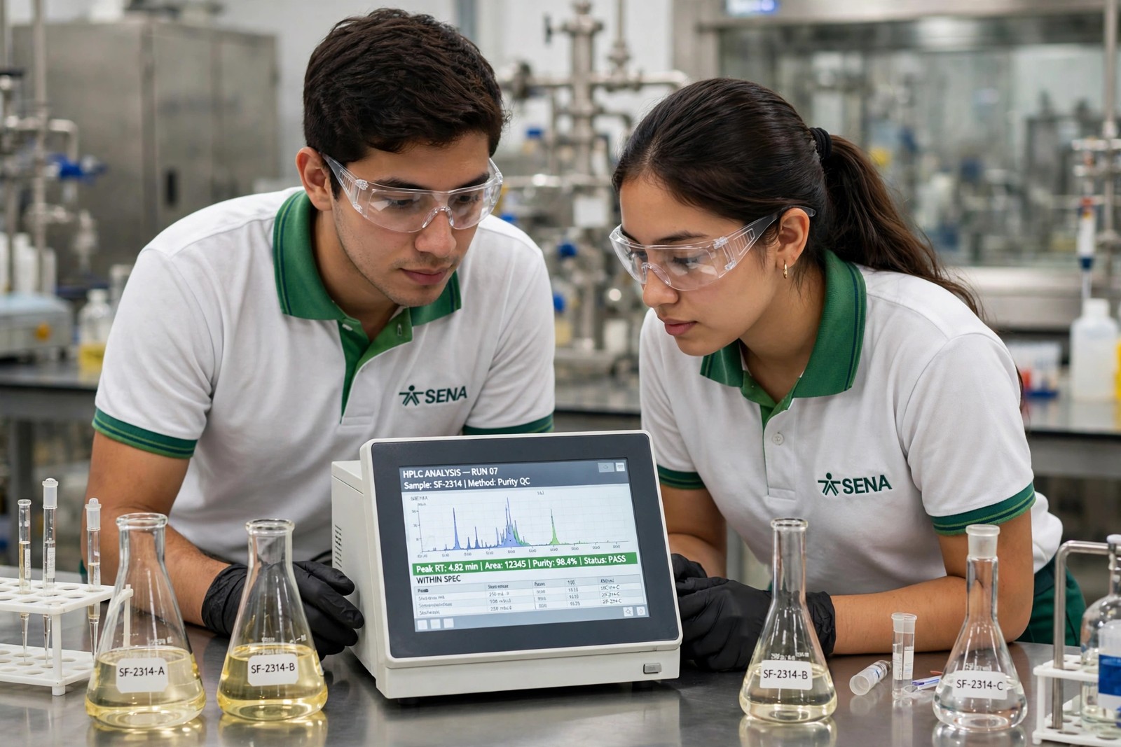 Aprendices SENA revisando resultados de un instrumento analítico en el laboratorio de control de calidad