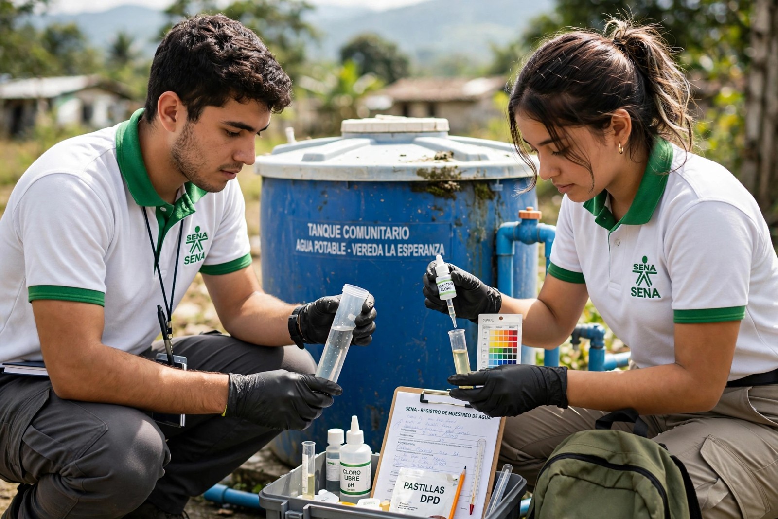Aprendices SENA tomando muestras de agua y midiendo cloro junto a un tanque comunitario
