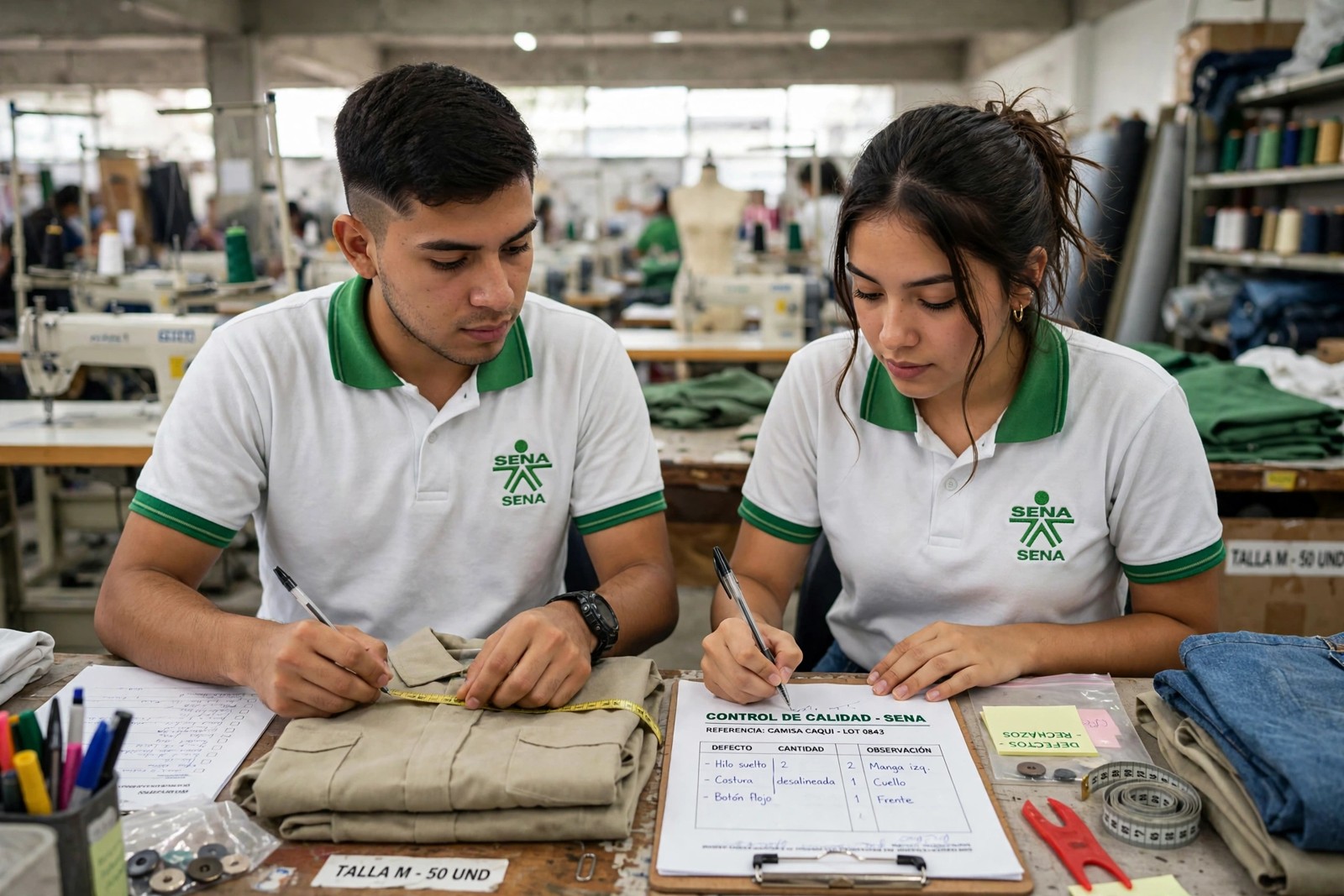 Aprendices SENA midiendo prendas terminadas y registrando la calidad en una planta de confección