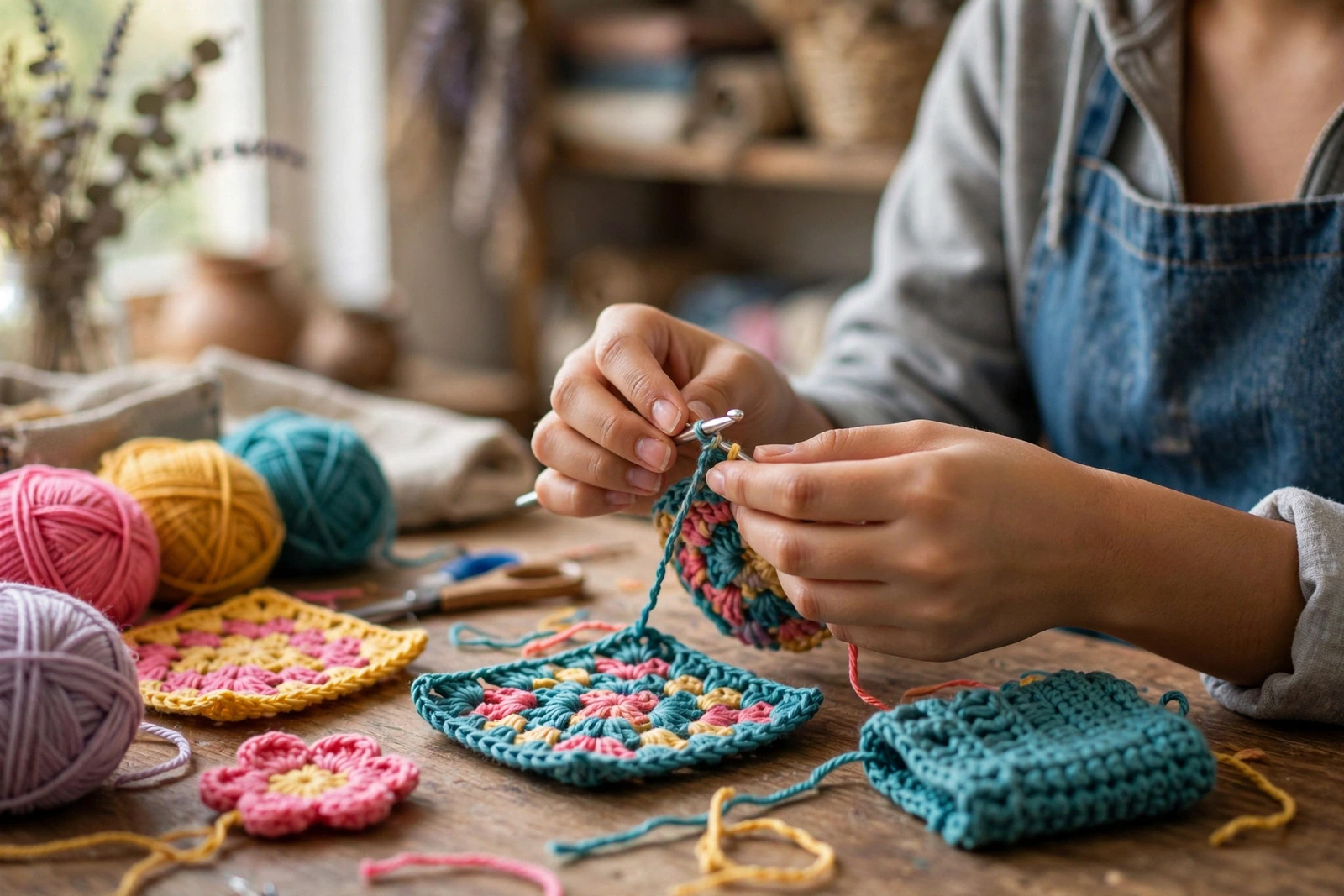 Manos tejiendo con ganchillo una pieza de crochet de colores sobre la mesa