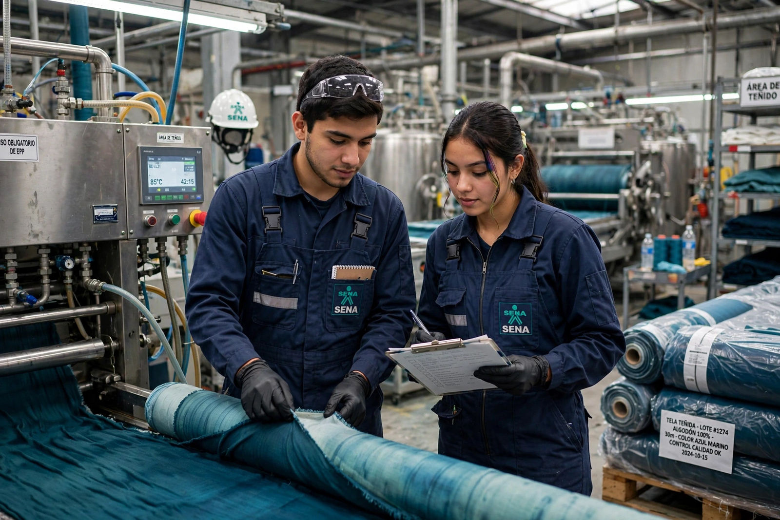 Dos operarios revisando una tela teñida junto a la máquina de tintura industrial