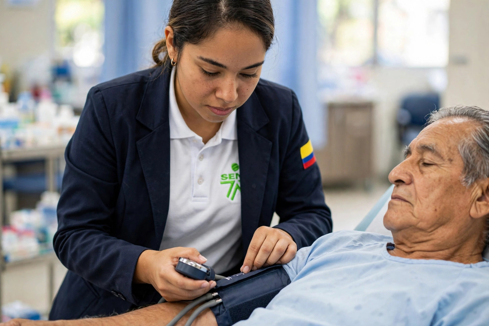 Una enfermera tomando la presión arterial de un paciente en su cama del hospital